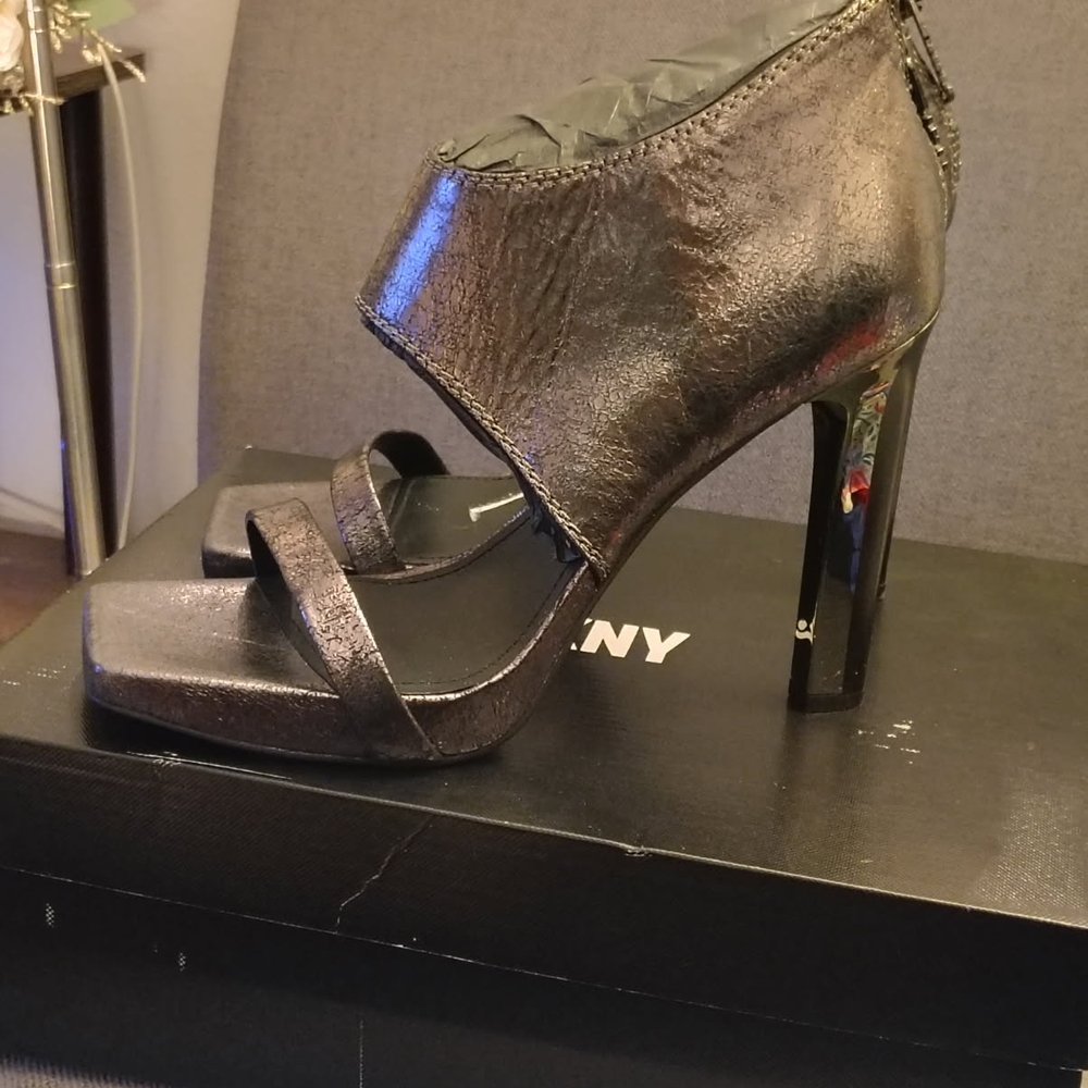 DKNY Black and Gray Heels with Strappy Design